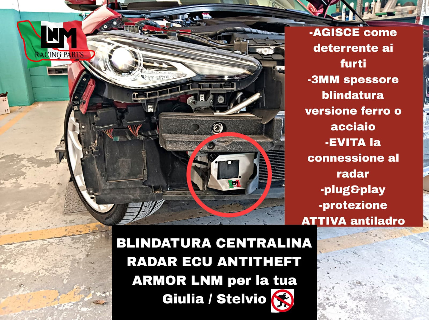 Blindatura radar Alfa Romeo Giulia QV spessore maggiorato centralina EXTREME ANTITHEFT ARMOR INOX LNM