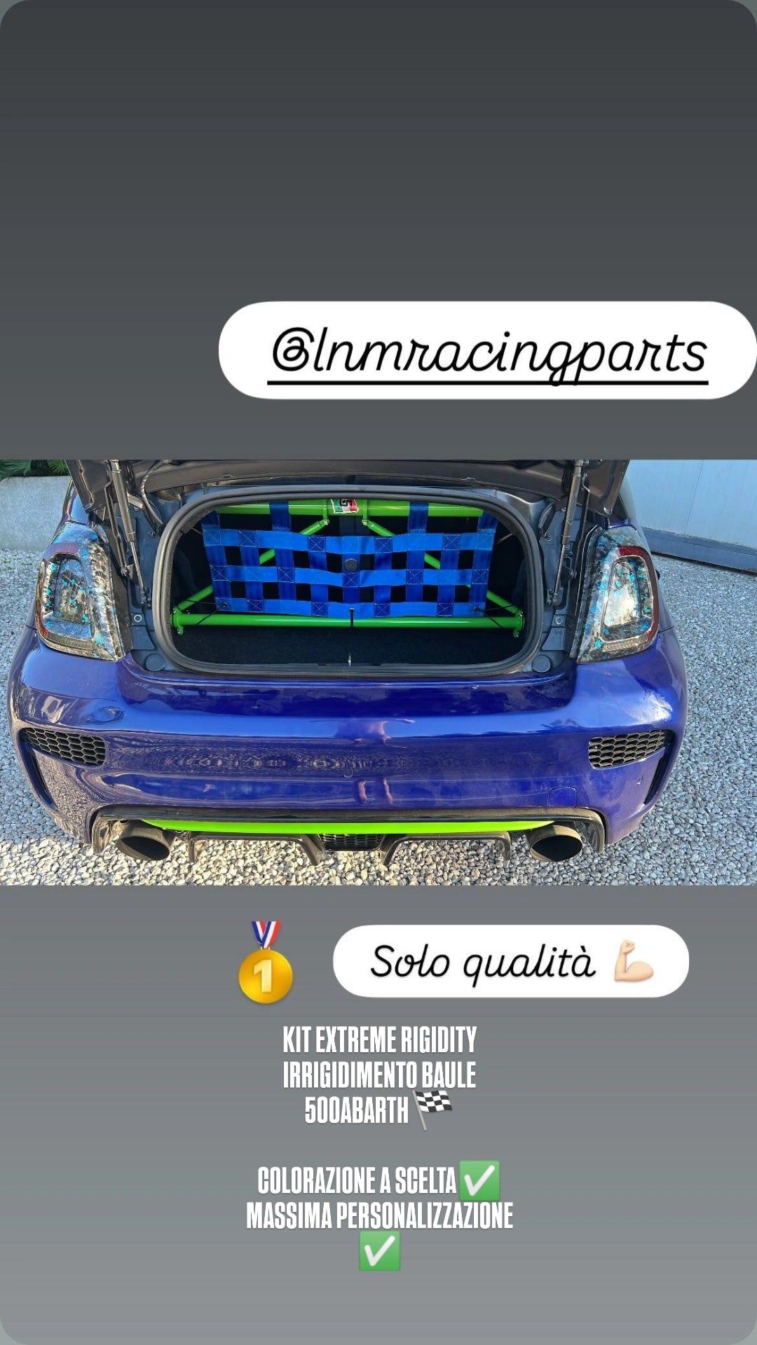 Kit Irrigidimento baule duomi posteriore 500 Abarth COMPLETO LNM 2 barre e upgrade tiranti ad X EXTREME RIGIDITY (si sedili post.) NO RETE